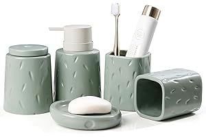 Umlaca Bathroom Accessories Set 5PCS, Ceramic Bathroom Accessory Set, Unique Design Green Bathroom Accessories Sets Complete, Liquid Hand Soap Dispenser Toothbrush Holder Set(Green Set)