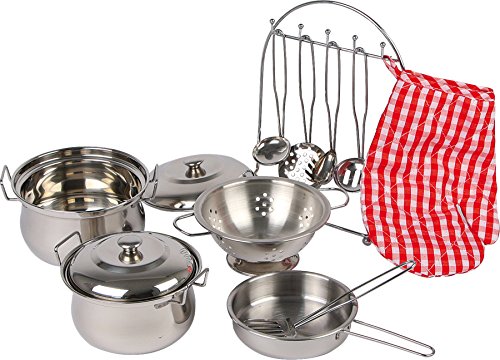 Small Foot 8968 Batterie de cuisine "Gustav" en métal, avec gant de four et aide de cuisine, pour cuisines de jeux, à partir de 3 ans
