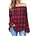 Produktbild Damen Langarmshirt, Absolute Frauen Casual Plaid Sexy Schulterfrei Langarm Shirt Tops Bluse mit Modischem Karomuster Top T-Shirt Mädchen bunt Flickwerk Oberteile (XL, Warm Rot)