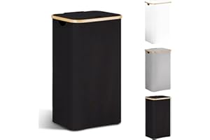 YOUDENOVA Kosz na pranie z pokrywką, 85 l, wąski, z workiem na pranie, duży, składany, z drewna bambusowego, kolor czarny