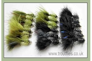 TROUTFLIES UK LURES 18 Goldhead Flash Damsels Trout Fishing Flies - Size 10, Black & Olive