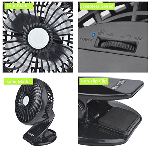 Mayoga F802 Tragbar USB Mini Klammer Fan / Handheld Aufladen Lithium-Ionen-Akku Ventilator – Geräuscharmer 360-Grad-Winkel Einstellen Luftstromsteuer (Schwarz) - 6