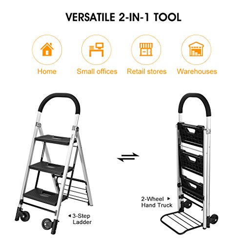Finether 2-in-1 Klapptrittleiter & Sackkarre | Alu Leiter Klappleiter Trittleiter Klapptritt Stufenleiter Stehleiter Haushaltsleiter klappbar 3 Stufen bis 180 kg belastbar | Transportkarre Handkarre Paketroller Kistenkarre mit 2 Rädern faltbar bis 60 kg belastbar - 4