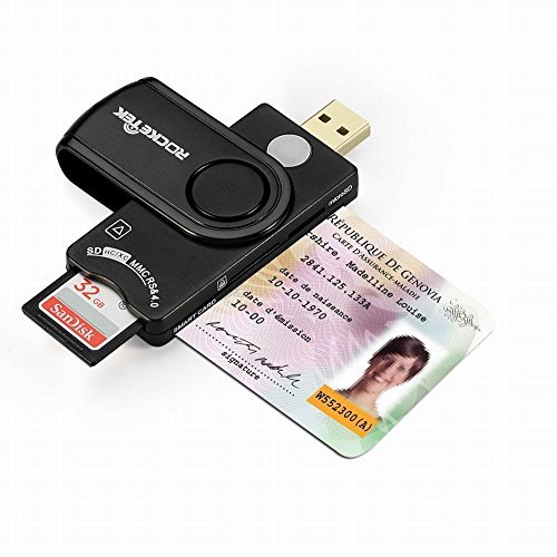Rocketek USB Chipkartenleser / SmartCard Reader | Plug&Play | Power/Status-LED | USB bus-powered | HBCI Fähig | Windows 10-kompatibel | Unterstützt SD | Micro SD | M2 | MS | SIM-Karten