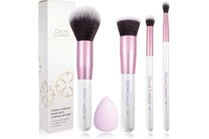 Oscar Charles Essential Makeup Brush Set, 5 Piece, Powder Foundation Concealer Blending Make Up Brushes with Beauty Sponge, Pink and White