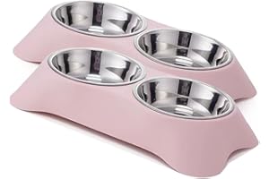 EGEN Mithui ju 2Pcs/set Double Dog Bowl,Non Slip Stainless Steel Double Bowl with Non-spill For Small Dogs and Cats (Pink-Small)