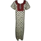 Indiatrendzs Women Cotton Nighty Embroidered Beige Maroon Nightdress Nightgown (Chest 46)
