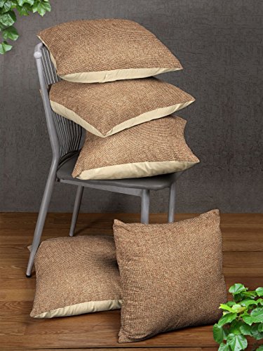 ROMEE Beige Solid Jute Cushion/Pillow Covers for Sofa Pack of 5 (16 X 16 Inches)
