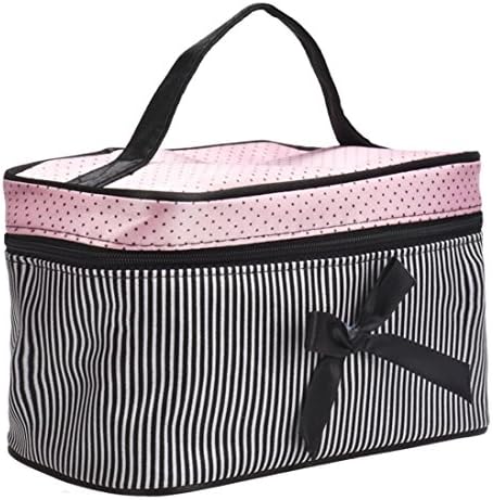 Dreamkon Portable Travel Square Bow Stripe Storage Cosmetic Bag Makeup Case Makeup Tool Case Makeup kit Cosmetic Container Makeup storage bag Pouch Holder Handbag Toiletry Wash Organizer for Women (19*12*11cm, Black)