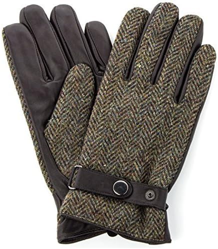 Harris Tweed Luxury Designer Adult Leather Wool Mens Gloves Woollen Winter Warm (Large, Green Brown)