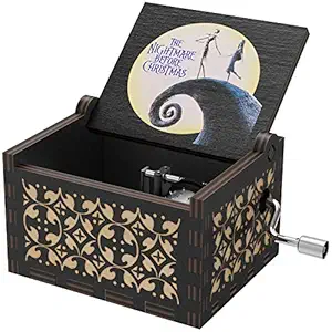 The Nightmare Before Christmas Wood Music Boxes, Wooden Carving Retro Hand Rotary Musical Box Best Gift for Kids Children (White)