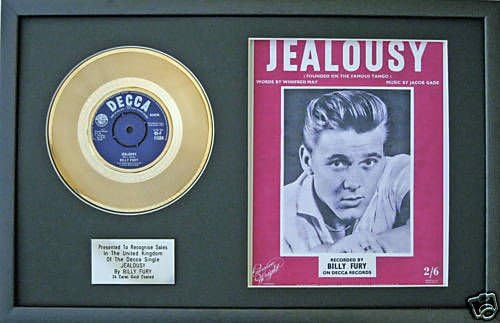 UK Music AwardsBilly Fury-24 Carat Gold 7" Disc & Song Sheet - Jealousy