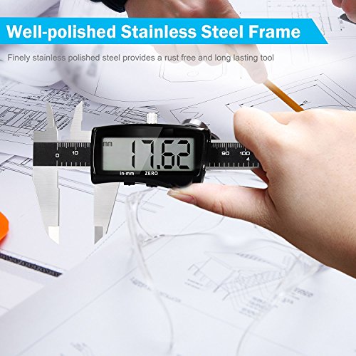 Dr.meter Dr-150 digitaler Messschieber mit groß LCD Bildschirm für Abständen und Durchmesser, 0-6 inch/150mm Edelstahl Elektronische Digital Noniusschieber Mikrometer ,nichtrostend steif Körper,Schwarz - 6