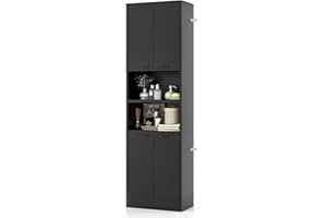 TANGZON 190CM Tall Kitchen Cupboard, 4-Door Storage Cabinet with Enclosed Cabinets, Open Compartments & Anti-tipping Kits, Freestanding Wooden Tall Sideboard for Pantry Dining Living Room (Black)