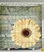 Produktbild BBFhome Duschvorhang 180 x 180 cm Vintage rustikale toskanischer Dekor Kollektion Abstrakt Eiche Holz und Blüte Gelbe Gänseblümchen Gerbera Blume Polyester Gewebe Badezimmer Set mit Haken Grün Gelb