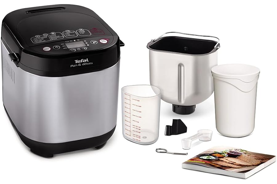 Tefal Breadmaker with Yoghurt Pot Accessory, 15 Hours Delay Start, Kitchen, 20 Auto Programs, Gluten-Free, Sourdough, Pizza Dough, Porridge, Brioche, Crust Settings, PF240E40