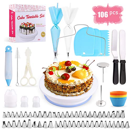 Omew Plateau Tournant de Gâteau, Kit de Pâtisserie 106pcs Décoration Professionnel Ustensiles Kit pour Glaçage, Déco, Poches, Douilles, Spatules et Cornes etc.Un Cadeau Génial.