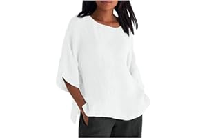 Susenstone Chemisier en Coton et Lin à Manches 3/4 pour Femme Blouses Ample à Col Rond Tunique D'été Printemps Couleur Unie Top Hauts Lâche Respirant T-Shirts Grande Taille Pas Cher Tunique Blouse