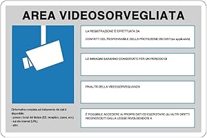 SOCIAL CRAZY GLOBAL CARTELLO SEGNALETICO - AREA VIDEOSORVEGLIATA-L'INFORMATIVA COMPLETA SUL TRATTAMENTO DEI DATI - Adesivo, Pannello in Forex, Pannello In Alluminio (Adesivo, 20x31 cm)