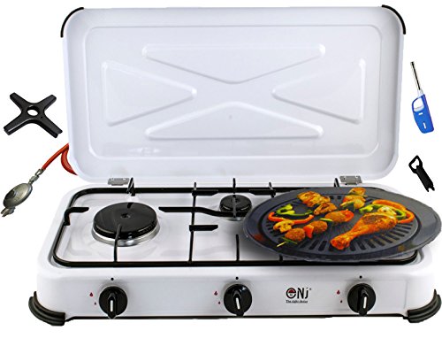 Campingkocher 3 flammig Gaskocher Gasgrill 4,8 KW mit Deckel Gasherd Kochfeld + Grillplatte + Phönix Gasherdkreuz + Gasschlauch-Regler Set