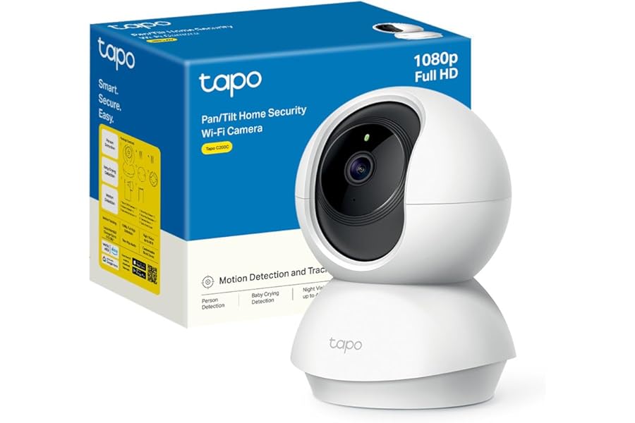 Tapo C200C Wi-Fi Indoor FHD Camera, Surveillance Camera, Night Vision, 360° Visual, Two-Way Audio, Motion Detection and Notifications, Built-in Audible and Light Alarm