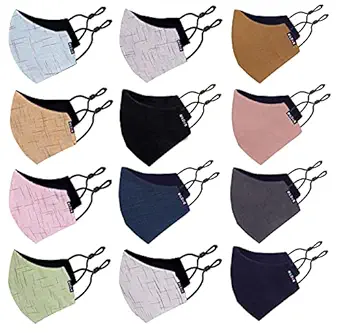 Bildos Cotton & Khadi Unisex Without valve Reusable Super Breathable Fabric Cloth Face mask with Adjustable Ear Loop (Multicolour) - Pack of 12