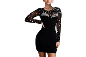 Onsoyours Robe Courte pour Femme Sexy Col en V Rétro Élégant Mini Robe en Maille À Manches Longues Une Ligne Robe De Cocktail Robe De Soirée Festive