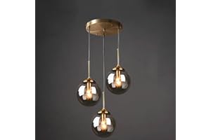 NIYKKA Lampada a sospensione a sfera in vetro trasparente/grigio fumo/ambra Lampadario industriale in ottone vintage a 3 luci Lampada a sospensione a grappolo E27 Plafoniera per soggiorno con isola cucina