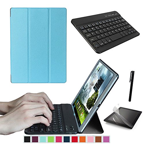 Bestdeal® Starter Kit für Samsung Galaxy Tab A 10.1" zoll 2016 SM-T580 / SM-T585 Tablet PC - Hoch Qualität Premium PU Leder Tasche Hülle Stand und Bluetooth Tastatur + Displayschutzfolie + Touchstift (Himmelblau)