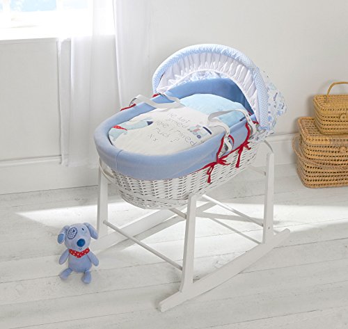 Blue Dog White Wicker Moses Basket & Rocking Stand White