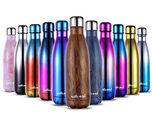 willceal Stainless Steel Double Wall Vacuum Insulated Water Bottles 500ml, Leak Proof Keep Cold and Hot Drinks Bottle for Outdoor Sports Camping (Wood)