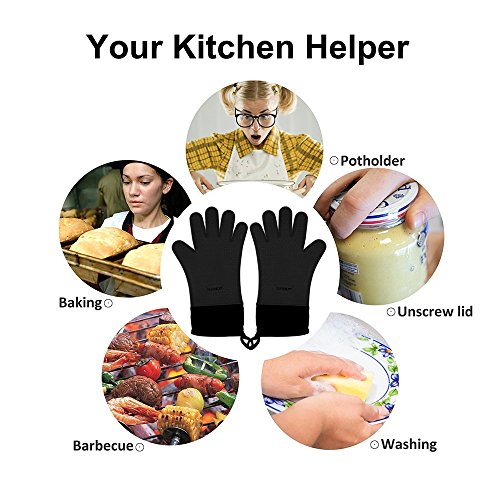 GEEKHOM Grillen Handschuhe, hitzebeständige Handschuhe Grill Küche Silikon Ofenhandschuhe, lange Wasserdicht Rutschfeste Topflappen zum Grillen, Kochen, Backen - 5