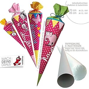 Schultüte, Zuckertüte in 70 cm oder 85 cm, pink mit Punkten in rosa inklusive Papprohling mit vielen Personalisierungsmöglicheiten, als Kuschelkissen weiter nutzbar