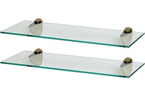 Harbour Housewares Floating Glass Bathroom Shelves - 50cm - Clear/Gold - 2x Wall-Mounted Kitchen Bedroom Shower Room Décor Caddy Towel Storage Organiser Shelving Rack with Brackets