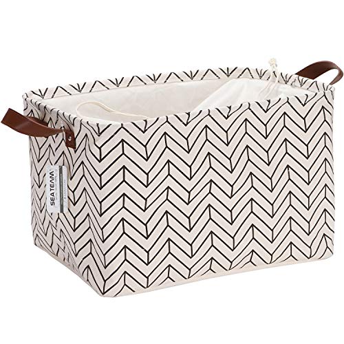 Sea Team Panier de rangement pliable en toile avec motif géométrique, avec cordon de serrage et poignées en simili-cuir, 41,9 x 30 cm, intérieur étanche Flèche Medium Arrow/Black