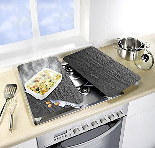 Wenko 2521499100 XL-Herdabdeckplatte Universal Schiefer 2er Set, extra groß, Kochplattenabdeckung und Schneidebrett für alle Herdarten, Gehärtetes Glas, schwarz, 40 x 52 x 0.4 cm - 2