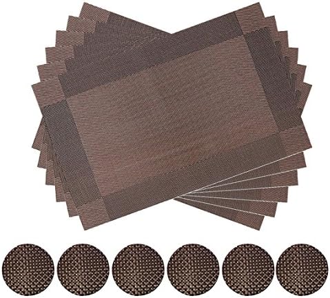 Placemats Set of 6 for Kitchen Table Heat Resistant Washable Vinyl Table Place Mats (Placemats+Coasters, Brown)