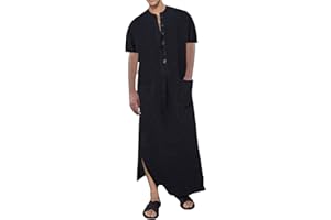 YAOHUOLE Herren Kaftan V-Ausschnitt Langarm Kaftan Herren Lang Knopf Hoch Thobe Herren Seite Split Baumwolle mit Taschen