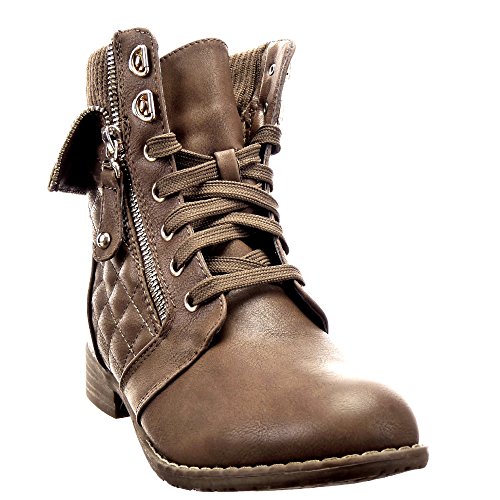 Sopily - Women's Fashion Shoes Ankle boots - Booty - high-top - Combat Boots - Cavalier - Low boots - Quilted - Zip Heel Block Heel 3 CM - Khaki FRF-940 T 36 - UK 3