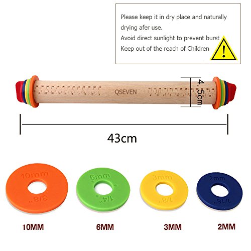 qseven verstellbar Buche Holz Teig Rolling Pin mit 4 Größe der bunten Ringe - 7