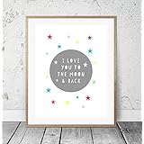 Kinderposter Kinderzimmerbild Spruch I LOVE YOU TO THE MOON AND BACK mit Sternen - für Jungen und Mädchen - Geschenkidee zur Geburt, Taufe, Geburtstag, Sprücheposter, skandinavisch - ungerahmt