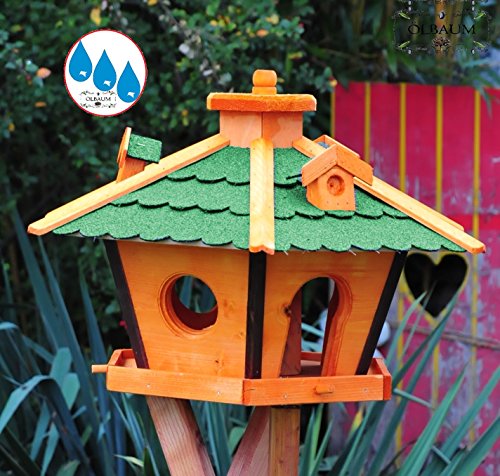 Holz-Vogelhaus PREMIUM,BTV Ölbaum Massivholz,wetterfest, mit Ständer / mit Standfuß und Silo,Futtersilo für Winterfütterung -Holz Nistkästen & Vogelhäuser- Ständer BR45grMS GRÜN - 2