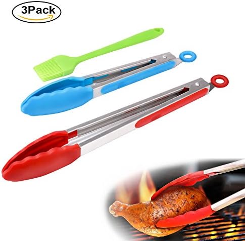 Food Tongs, Likea 3 Pack Stainless Steel Kitchen Tongs Sets with Silicone Rubber Tips , Silicone Cooking Tongs for Salad,Cooking, BBQ, Grilling, Frying,Food Serving and More (Red, Blue, Green)