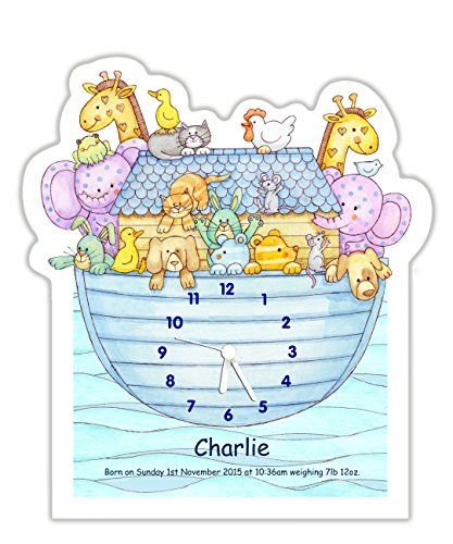 Personalised baby or children's nursery / bedroom wall clock - Noah's Ark design (blue)