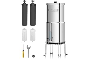 Purewell Filtre à Eau 5,7 litres par Gravité - Cuve Acier Inox 304 + 4 Filtres (Charbon/Fluor) - Robinet Visuel - Élimine 99% Fluorures/Chlore/Métaux - Sans Électricité