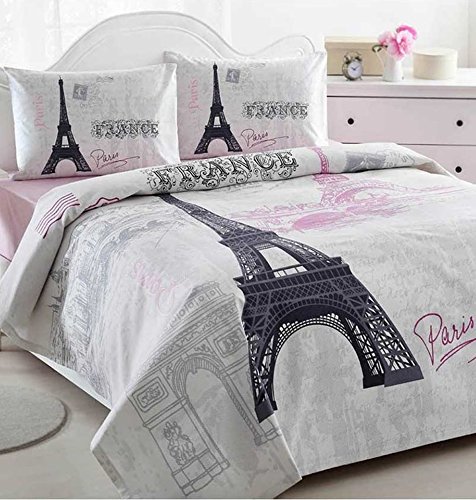 Istanbul Home Collection Paris Eiffel Tower Themed Ranforce 100% Turkish Cotton Full Queen Size Quilt Duvet Cover Set Bedding Linens, 4 Pcs by istanbulhomecollection paris series