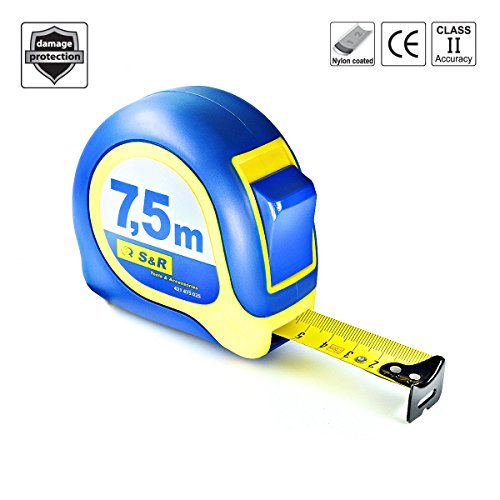 S&R Bandmaß 7,5 m x 25mm, Massband Nylon beschichtet, schlagfestes, Rollband gummiertes Gehäuse, MUSTANG Serie