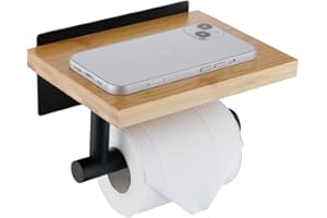 HomeHeng Toilet Roll Holder with Natural Bamboo Shelf, Modern Roll Tissue Holder Wall Mounted No Drilling, Matte Black Toilet Paper Roll Holder for Bathroom, H98903MB