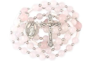 Nazareth Store 8mm White Jade & 10mm Pink Quartz Stone Beads Rosary Necklace St. Miraculous Medal & Cross Crucifix Catholic Prayer Beads