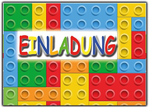 12-er Set Lustige Einladungskarten zum Kindergeburtstag Bausteine Bauklötze Party Geburtstag Einladung witzig cool Text Kinder Jungen Mädchen Steine Baustelle Bagger Jungs Rot Gelb Grün Blau